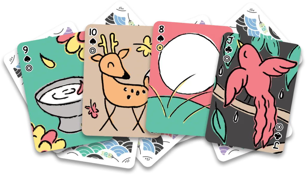 Four koinobori fusion playing cards with hanafuda indices and poker indices. The 9 september sake cup with chrysanthemum blossoms, the 10 brown deer with maple leaves, 8 moon with a big white moon, and the Jack with a reddish-pink swallow and willow leaves.