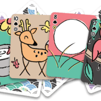 Four koinobori fusion playing cards with hanafuda indices and poker indices. The 9 september sake cup with chrysanthemum blossoms, the 10 brown deer with maple leaves, 8 moon with a big white moon, and the Jack with a reddish-pink swallow and willow leaves.