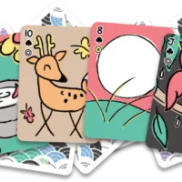 Four koinobori fusion playing cards with hanafuda indices and poker indices. The 9 september sake cup with chrysanthemum blossoms, the 10 brown deer with maple leaves, 8 moon with a big white moon, and the Jack with a reddish-pink swallow and willow leaves.