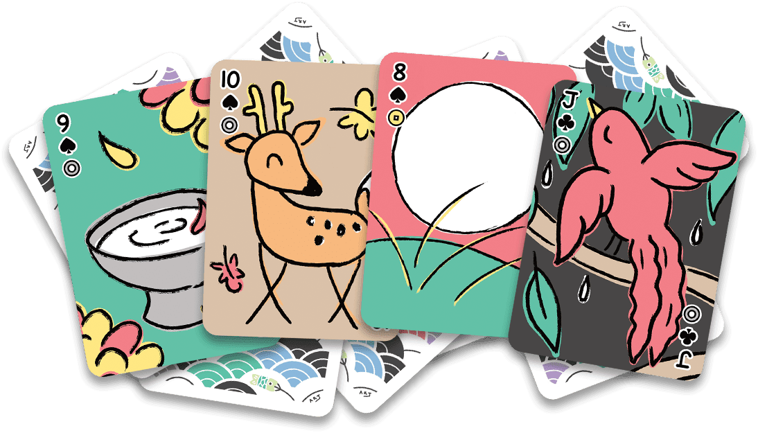 Four koinobori fusion playing cards with hanafuda indices and poker indices. The 9 september sake cup with chrysanthemum blossoms, the 10 brown deer with maple leaves, 8 moon with a big white moon, and the Jack with a reddish-pink swallow and willow leaves.