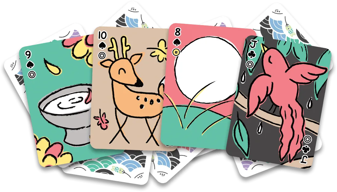 Four koinobori fusion playing cards with hanafuda indices and poker indices. The 9 september sake cup with chrysanthemum blossoms, the 10 brown deer with maple leaves, 8 moon with a big white moon, and the Jack with a reddish-pink swallow and willow leaves.
