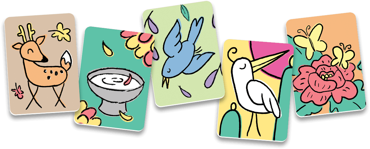 Five koinobori hanafuda playing cards. A A kawaii brown deer, sake cup, blue cuckoo, white crane, and yellow butterflies on a peony.