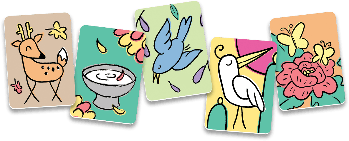 Five koinobori hanafuda playing cards. A A kawaii brown deer, sake cup, blue cuckoo, white crane, and yellow butterflies on a peony.