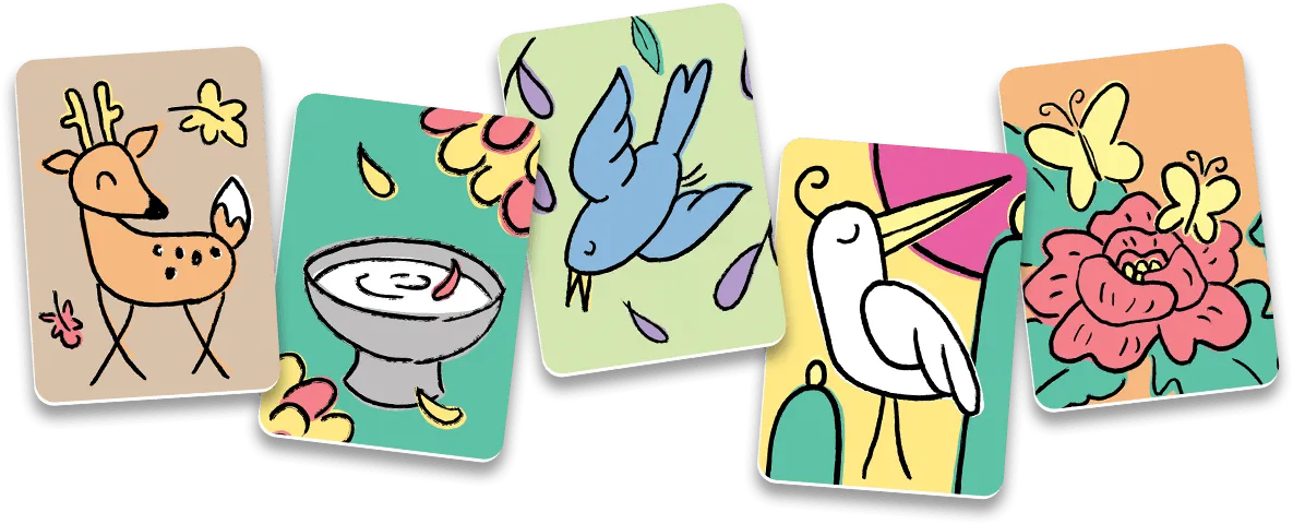 Five koinobori hanafuda playing cards. A A kawaii brown deer, sake cup, blue cuckoo, white crane, and yellow butterflies on a peony.