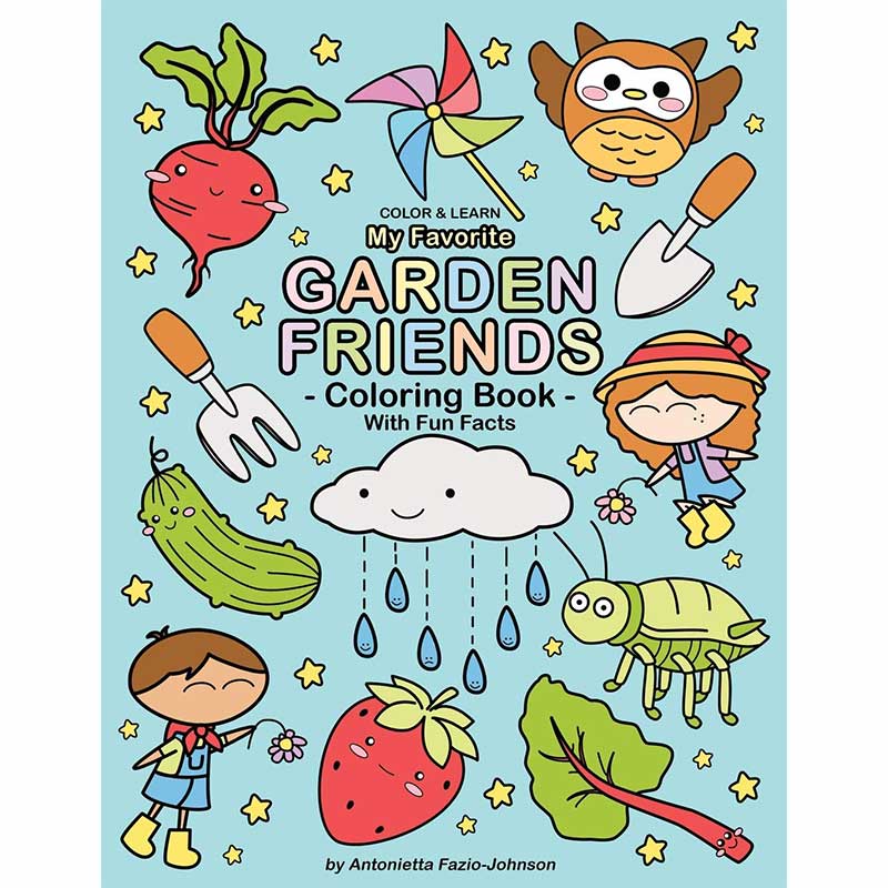 Coloring book cover with kawaii blushing vegetables, garden tools, an owl, and children.