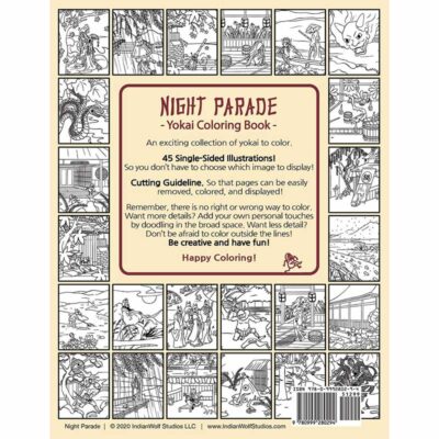 Back of the Coloring book with sample night parade yokai coloring page images.
