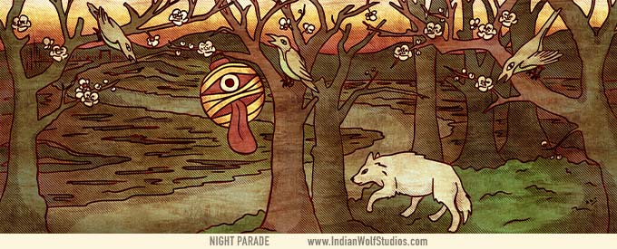 Yokai creatures okuri inu, yosuzume, and lantern with lolling tongue in a dark wooded scene.