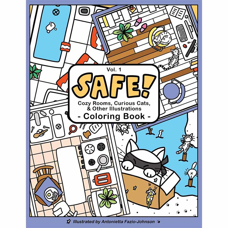 Safe Cozy Rooms, Curious Cats, and Other illustrations Volume 1 Coloring Book Front