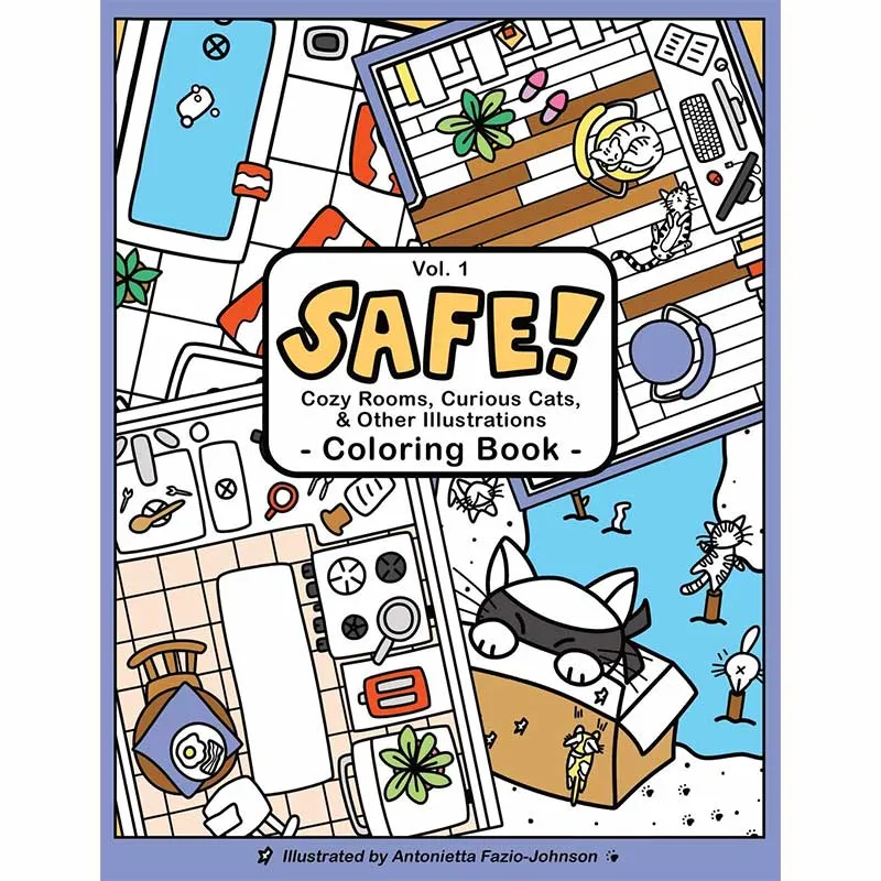 Safe Cozy Rooms, Curious Cats, and Other illustrations Volume 1 Coloring Book Front