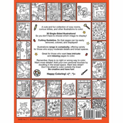 Back of the Coloring book which depicts sample pages of the interior including a merkitty, octopus, beach scene, exercise room,, gameroom, and more.