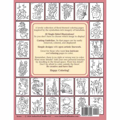 Back of the Coloring book with sample floral-themed hanafuda coloring page images.