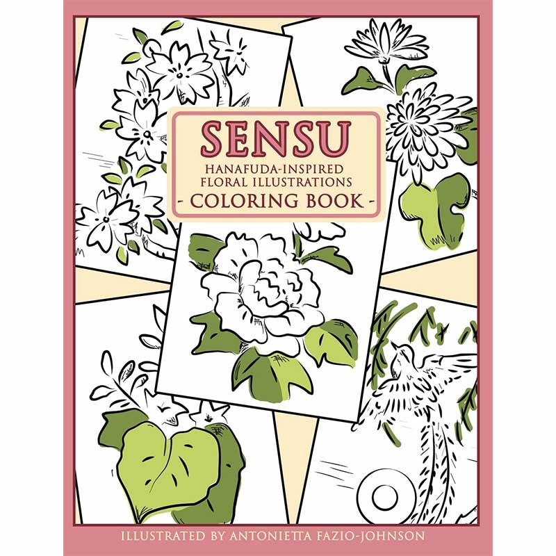Sensu Coloring Book Front cover with sample pages of the hanafuda-inspired floral illustrations.