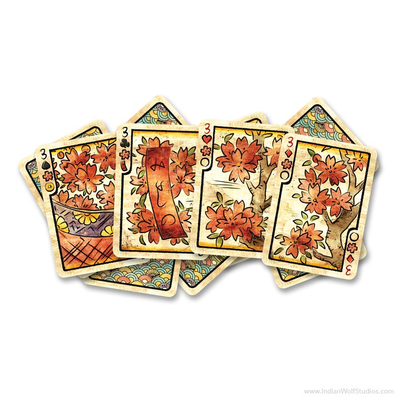 Four March cherry blossom cards from the Sensu fusion (hanafuda-poker) classic edition playing cards.
