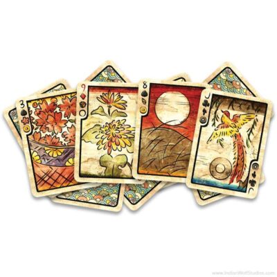 Sensu Fusion Classic Edition Playing Cards. Four cards depicting the Match cherry blossom curtain, a September chrysanthemum, the August moon bright, and the November swallow bird.