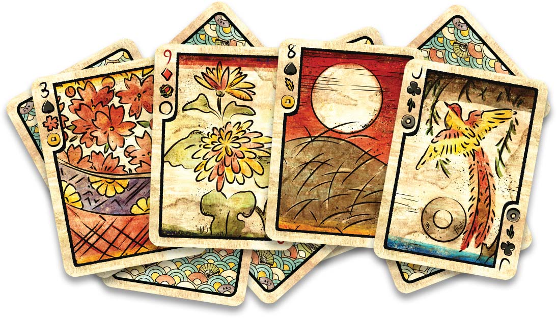 Sensu Fusion Classic Edition Playing Cards. Four cards depicting the Match cherry blossom curtain, a September chrysanthemum, the August moon bright, and the November swallow bird.