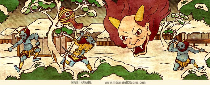 Shuten doji's hug head with long red hair and yellowed horns with his blue-skinned oni bandits with snowy pine trees and snow covered houses.