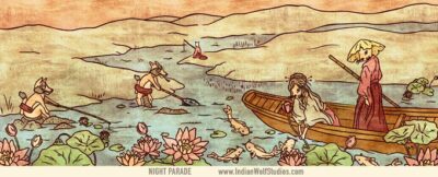 Tanuki fishing in a lily strewn pond with koi fish and kawauso floating by in a wooden boat.