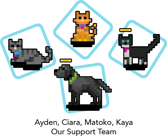 Pixel grey cat, orange cat, tuxedo cat, and black lab dog.