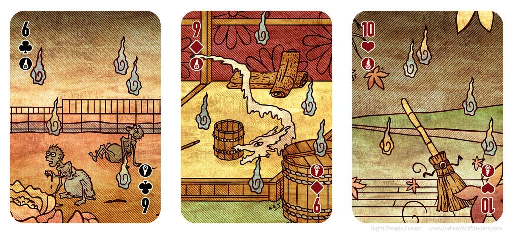 6, 9, 10 cards from the Night Parade Fusion playing cards depicting hitodama.
