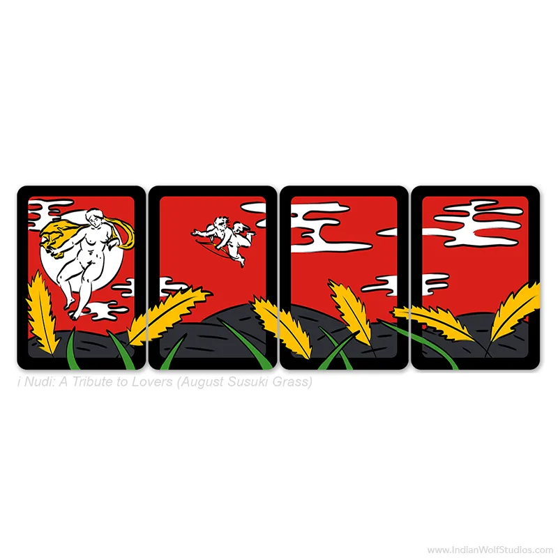 iNudi Hanafuda Cards August moon and suzuki grass with venus and cupid in a red sky