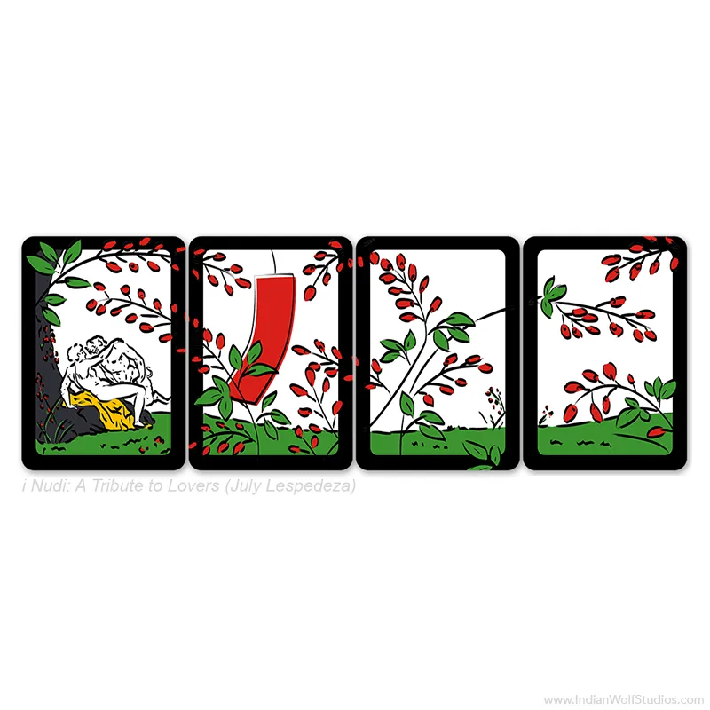 iNudi Hanafuda Cards July lespedeza with red ribbon and couple.