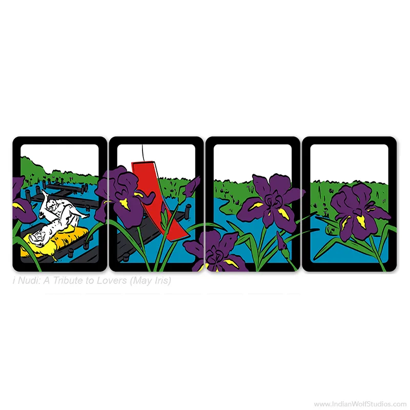 iNudi Hanafuda Cards May iris with red ribbon and couple in a bed