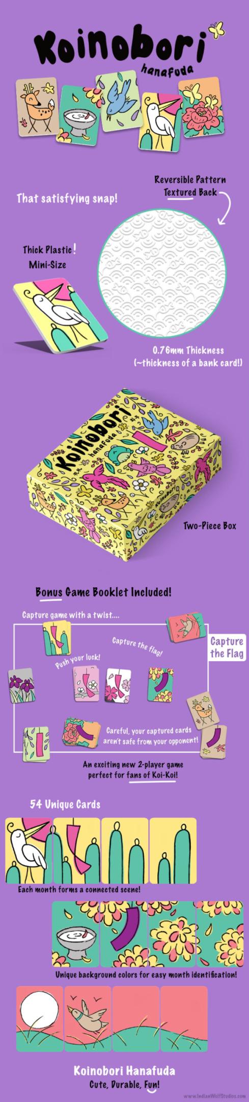 Koinobori Hanafuda features. Thick plastic mini-sized hanafuda with textured card backs and reversible pattern. Two-piece box with bonus game Capture the Flag included. An exciting new 2-player game that is perfect for fans of koi-koi! 54 unique cards with unique background colors for easy month identification. Each month forms a connected scene.