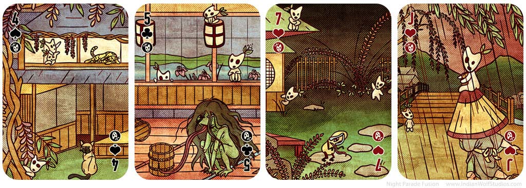 4, 5, 7, and Jack from the night parade fusion playing cards depicting the kodama.