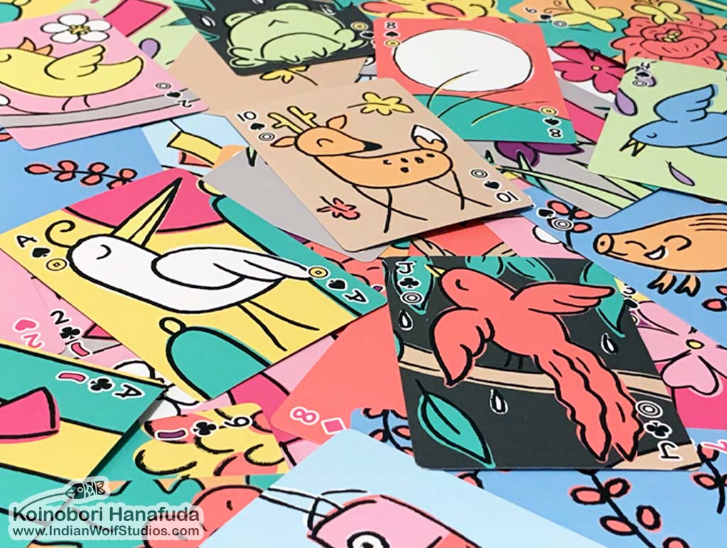 Colorful Koinobori hanafuda-poker playing cards with whimsical animals.