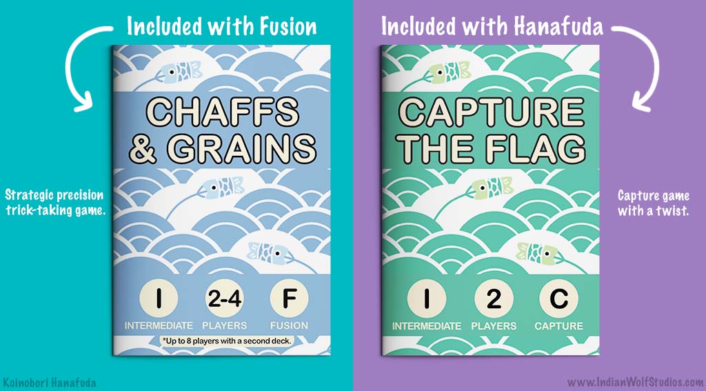 Comparison of two Koinobori game booklets. On left is a blue booklet for Chaffs and Grains (a strategic precision trick-taking game) and on right is a green booklet for Capture the Flag (a capture game with a twist).