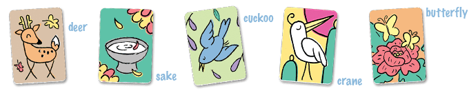Five koinobori hanafuda playing cards. Labeled deer, sake, cuckoo, crane, and butterfly.