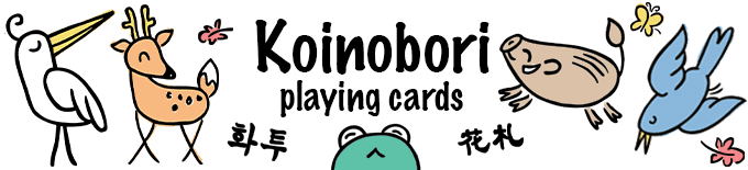 Koinobori Playing Cards header text with animals (crane, deer, frog, boar, cuckoo).