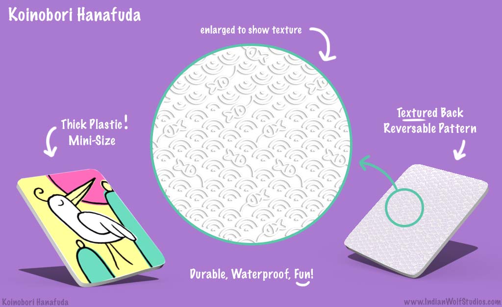 koinobori hanafuda card textured back mockup with raised fish and waves on thcik plastic playing cards