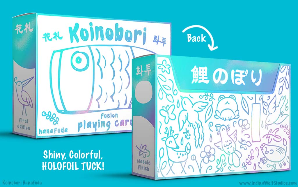 Mockup of side-open tuckbox with shiny holofoil of koi fish, deer, frog, boar, flowers, and leaf design on a white tuck.