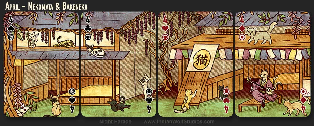 April cards from Night Parade Fusion playing cards with nekomata playing a shamisen and bakeneko in a night market with wisteria draping the buildings.