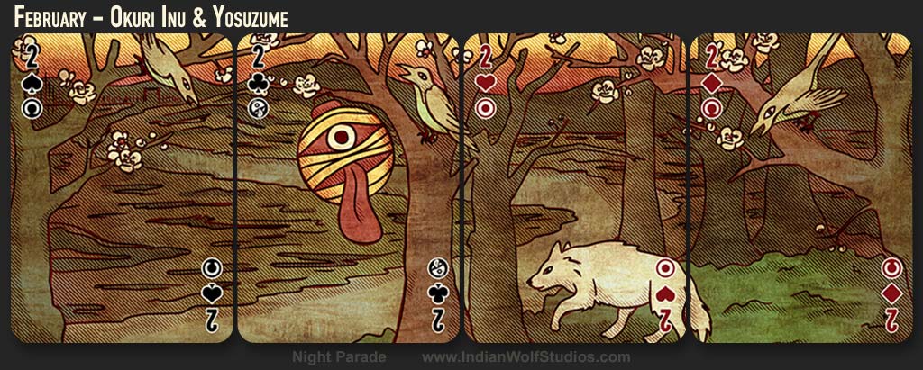 February plum blossom four card month from Night Parade fusion playing cards. Yokai creatures okuri inu, yosuzume, and lantern.