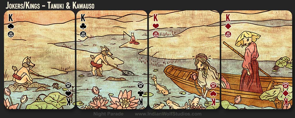 Kings from the Night Parade fusion playing cards depicting Tanuki and Kawauso yokai. The tanuki are fishing in a lily strewn pond with koi fish and the kawauso are floating by in a wooden boat.