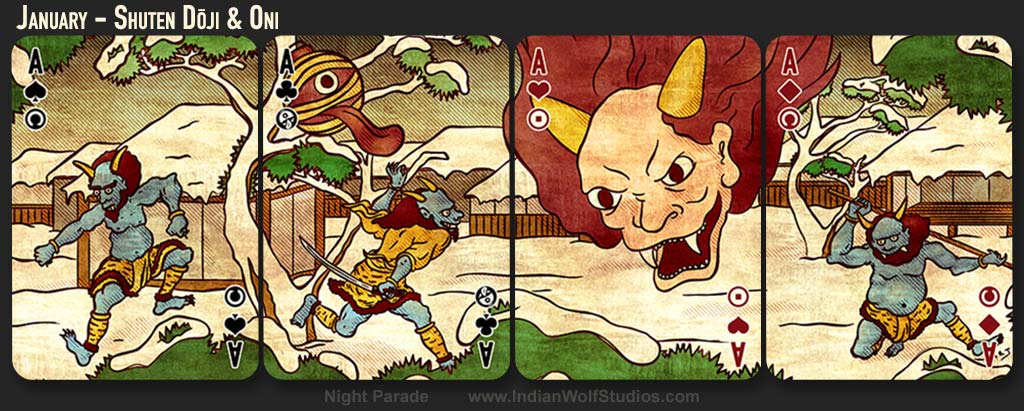 Four January Pine cards from Night Parade playing cards.Shuten doji's hug head with long red hair and yellowed horns with his blue-skinned oni bandits with snowy pine trees and snow covered houses.