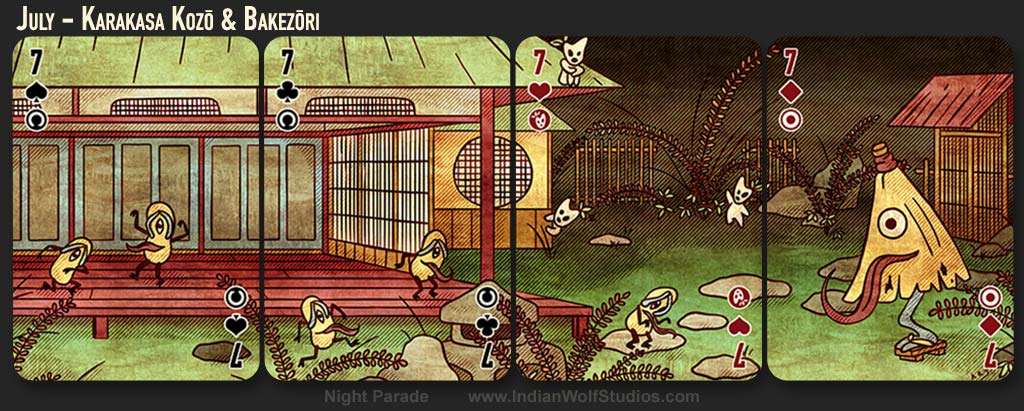July from Night Parade fusion playing cards depicting Karakasa Kozo and Bakezori with lolling tongues frolicking on the engawa.