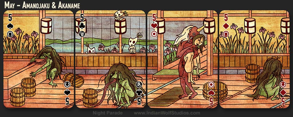 May from the Night Parade Fusion playing cards depicting red amanojaku and green long-tongued akaname in a bathhouse.