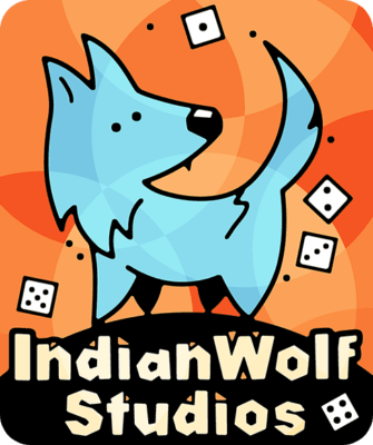 IndianWolf Studios logo with a cartoony blue wolf and white dice on an orange background.