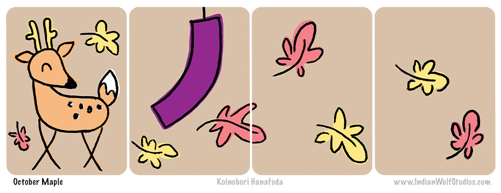 October Maple card set from Koinobori Hanafuda represented with deer, purple ribbon, and maple leaves.