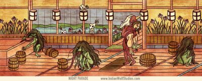 Red amanojaku and green long-tongued grubby-haired akaname in a bathhouse.