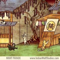 Nekomata playing a shamisen and bakeneko in a night market with wisteria drapping the buildings.