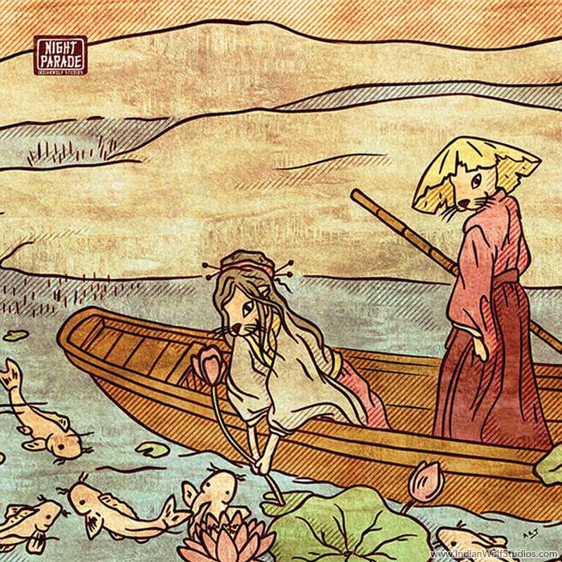 Furoshiki (Japanese Wrapping cloth) with Kawauso (otter yokai) in a boat on a pond with koi fish and water lilies.