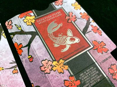 Proof of tuckbox back for Hanami Fusion Playing Cards with cherry blossoms, koi fish, and silver foil accents.