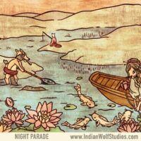 Tanuki fishing in a lily strewn pond with koi fish and kawauso floating by in a wooden boat.