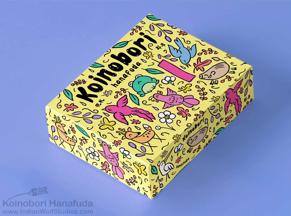 Mockup of Koinobori hanafuda's clamshell yellow box with koi fish, deer, frog, boar, flowers, and leaf design.