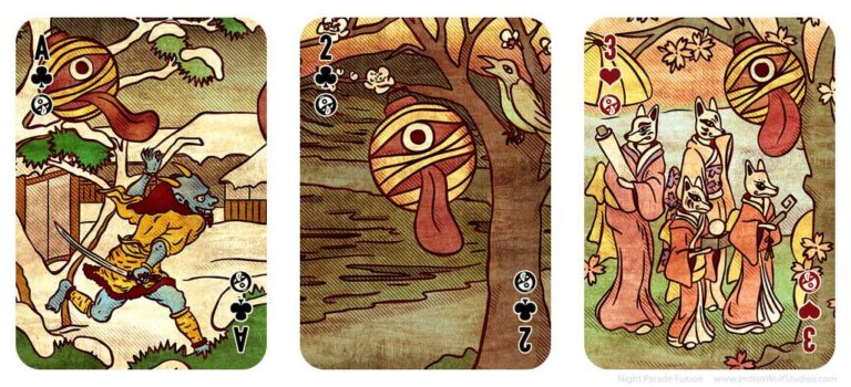 Ace, 2, and 3 from the Night Parade fusion playing cards depicting lanterns.